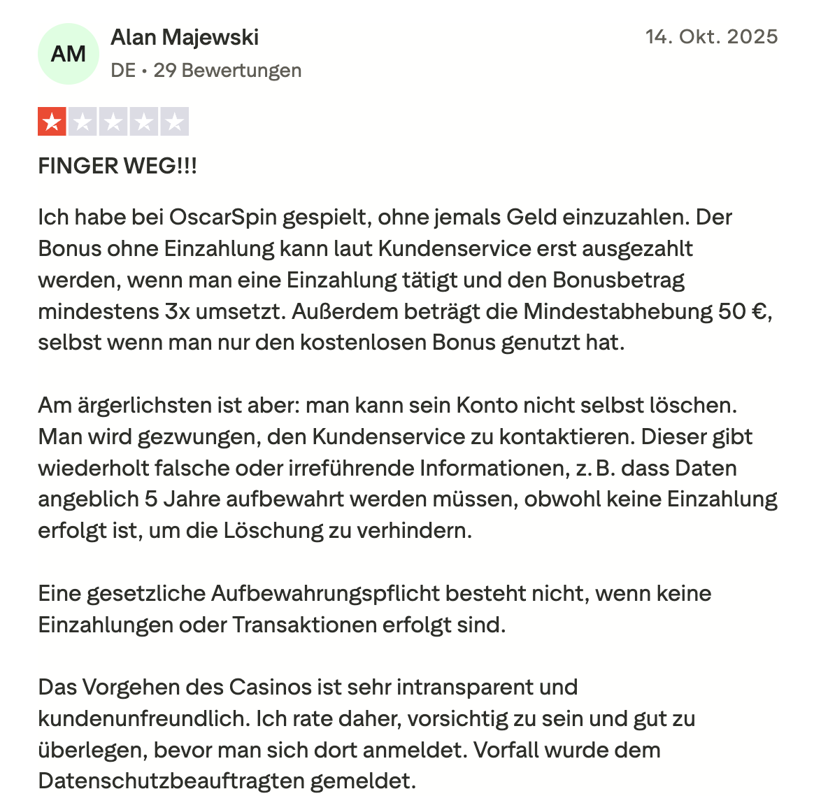 OscarSpin kritische Bewertung Oktober 2025