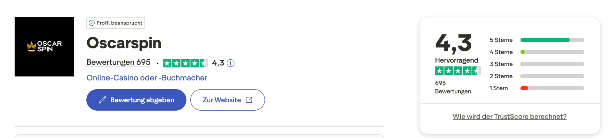 OscarSpin Übersicht auf Trustpilot